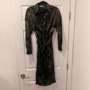 ANTONIO MELANI Olive and Black Long Sleeve Dress 0 Paisleu Print Collared‎ Belt